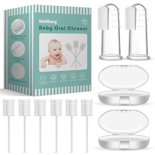 Image of SmilBoxy 105 Pieces Tongue Cleaner + 2 PCS Finger Toothbrush Soft Gauze with Box Disposable Tongue Cleaner Infants Oral Mouth Cleaner Newborn Care 0-36 Month Infants