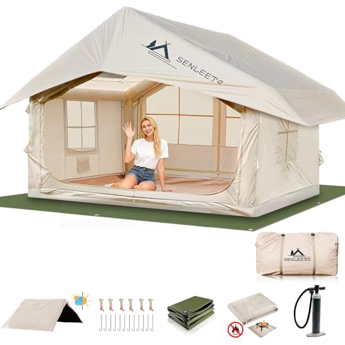 10' x 8' Inflatable Camping Tent for 6-8 People, 4 Season Blow up Tent with Rainfly, Easy Setup Air Pump, Waterproof pad, Luxury Inflatable Hot Tent with Stove Jack for Camping