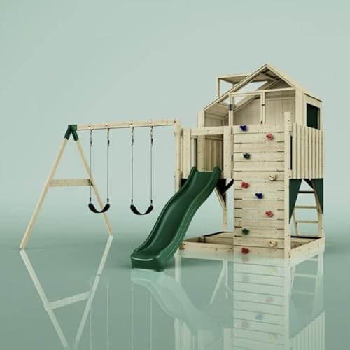 Rebo® PolarPlay Kids Climbing Tower and Playhouse - Swing Haldor Green | OutdoorToys | Wooden Climbing Frame and Wendy House with Climbing Wall, Slide and Sandpit