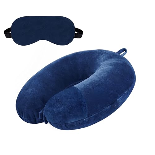 Image of U- Shaped Neck Pillow Soft Fiber Filled Travel Cushion with Snap Button, Comfortable Fabric, Neck Support for Flight, Bus, Car, Neck Pillow for Pain Relief (Navy Blue Combo)