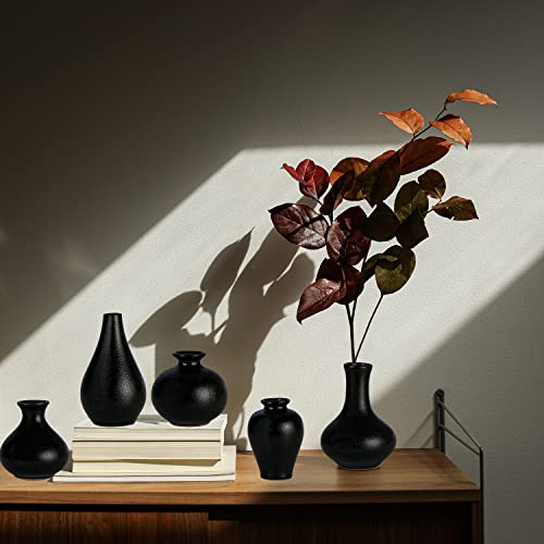 Ceramic Vase For Decor - Set Of 5 Small Flower Vases For Pampas Grass & Dried Flowers, Decorative Ceramic Vase For Home, Mantel, Entryway, Bookshelf, Centerpieces (Black) #TOP4