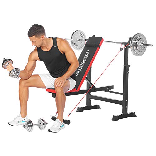 Folding Adjustable Weight Bench with Barbell Rack, Multi-Function Strength Training Adjustable Benches for Fitness Exercise and Strength Workout (Deep Red)