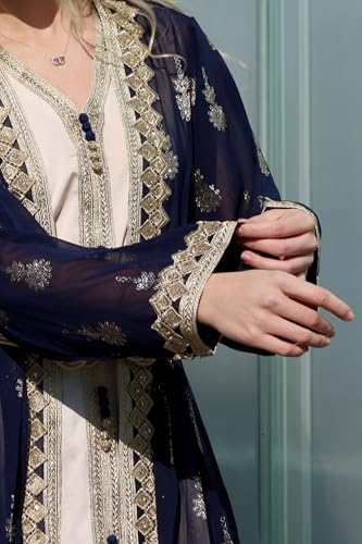 Image of HUSN Embroidered Two-Piece Abaya Set Long Cardigan with Gold Embroidery with Plus Size Inner Slip Kaftan for Eid