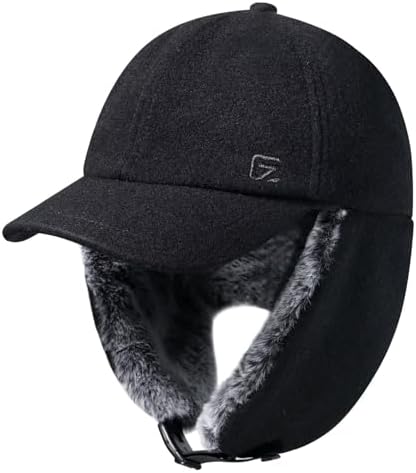 GADIEMKENSD Unisex Winter Wool Baseball Cap with Faux Fur Lined Ear Flaps, Trapper Hat with Reflective Line