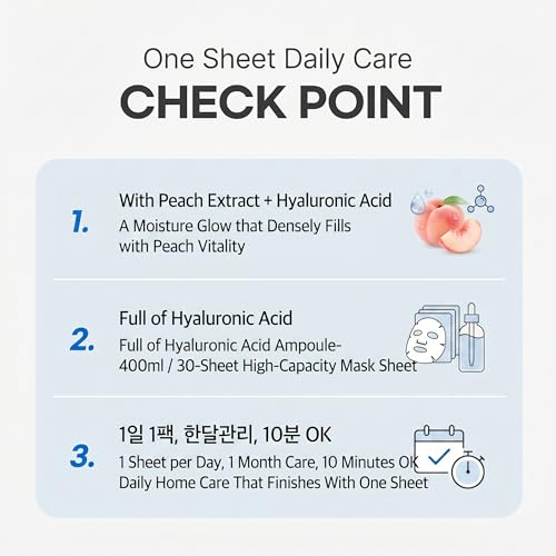 Image of esfolio Made in Korea Pure Skin Facial Mask Sheet, 30 Sheets - Peach Hyaluronic Hydrating Face Mask for Smooth, Soft, and Supple Looking Skin - Korean Skincare Daily Sheet Mask Pack