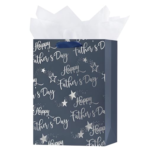 OFIHANLY 12.6 Medium Size Happy Fathers Day Gift Bag with Handles for New Dad Navy Blue Paper Gift Wrap Bags with Tissue Paper for Step Dad Papa Grandpa Grandfather