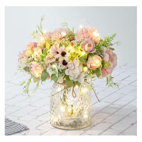 KELINGO Artificial LED Pink Rose Flowers with Glass Vase, Remote Control Led Light, Flower Arrangement for Table Centerpiece, Home Office Wedding Decoration Cover