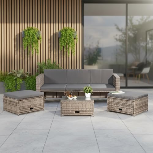 Mucola Polyrattan Lounge-Set 3-teilig – Dreisitzer-Sofa, Ottomane & Tisch mit ESG-Glasplatte, wetterfest & robust, flexibel kombinierbar, Outdoor Möbel für Garten, Terrasse & Balkon, Grau