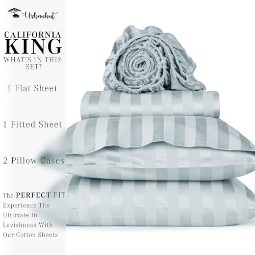 URBANHUT 800 Thread Count Egyptian Cotton Damask Striped California King Size Sheets Set (4 Pc) - Sateen Weave Cal King Size Bed Sheets, Luxury Hotel Sheets with 16" Deep Pocket - Light Blue