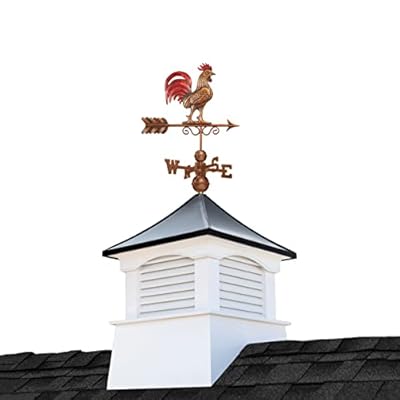 30" Square Coventry Vinyl Cupola with Black Aluminum roof and Copper Bantam Red Rooster Weathervane by Good Directions