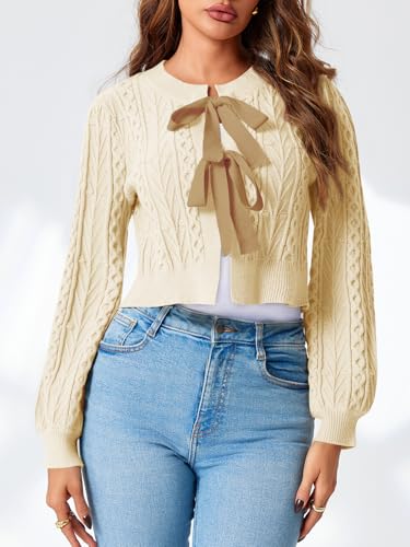 Saodimallsu Womens Cropped Cable Knit Cardigan Sweaters Long Sleeve Bow Tie Front Crew Neck Chunky Sweater Tops3