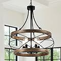 5-Light Farmhouse Chandelier, 17.72" Rustic Drum Dining Room Light Fixture, Vintage Wood Finish Metal Hanging Pendant Lighting, Industrial Candle Chandeliers for Living Room Kitchen Entryway Bedroom