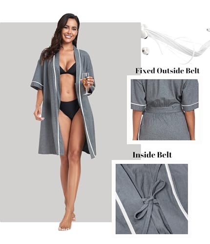 Image of ANLIQI Womens 100% Cotton Robes Lightweight Summer Short Sleeve Lady Bathrobe Knee Length Kimono Robe Sleepwear with Pockets