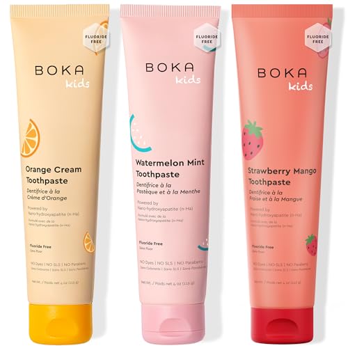 Boka Fluoride Free Toothpaste Nano Hydroxyapatite Helps Remineralize Appropriate for Sensitive Teeth Whitening-for Adult Kids Oral Care-Orange Cream Watermelon Mint Strawberry Mango 4oz 3Pk