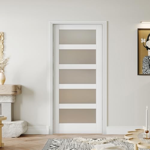 Image of 36 inch x 80 inch French Interior Door, 5 Lite Tempered Frosted Glass Panel for Pantry & Bedroom, Single Pre-drilled Holes Slab Door, White Primed, Assembly Required (Hinges Not Included)