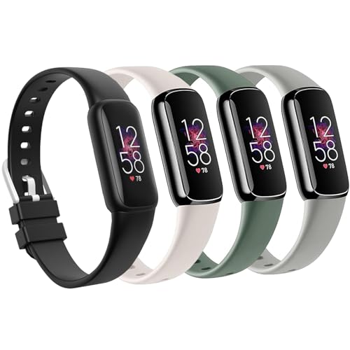 4 Pack Waterproof Bands Compatible with Fitbit Luxe Bands for Women Men Classic Soft Sports Replacement Wristbands for Women Men (Black/Starlight/Green/Grey Large 6.7 -8.3)