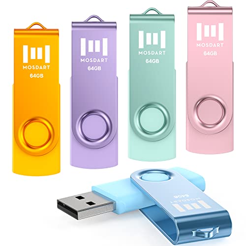 MOSDART 64GB USB2.0 Flash Drive, with Keychain Loop, Swivel Design with LED Light, exFAT Memory Stick for Computers, System Backup, Data Storage, Pastel Color(Pack of 5)