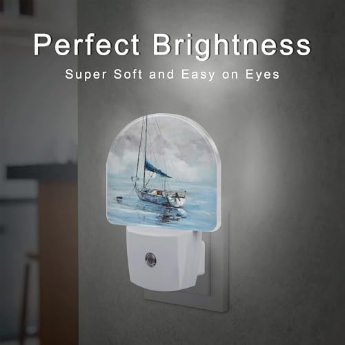 Image of Blue Sailboat in Harbor Night Light Plug into Wall, Boat Ocean Oil Painting Dusk to Dawn Night Light Plug in,0.5w Energy Saving Sleep Friendly NightLight for Kids Boys Girls Home Decor