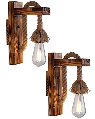 Applique Murale Industrielle Vintage Bois, Lampe Murale Rétro E27, Lumiere Murale Intérieur Décoration, Luminaire Mural en Corde de Chanvre pour Bar Café...