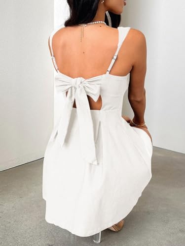 Womens 2025 Summer Square Neck Dress Bow A-line Backless Mini Party Short Sleeveless Dress White2