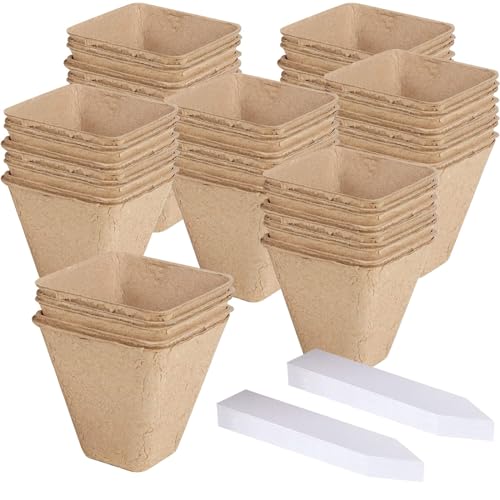 XIZAO Macetas de inicio de semillas, macetas de turba orgánicas, biodegradables, cuadradas, para vivero, 50 bandejas de germinación con 30 etiquetas para plantas para jardín interior y exterior