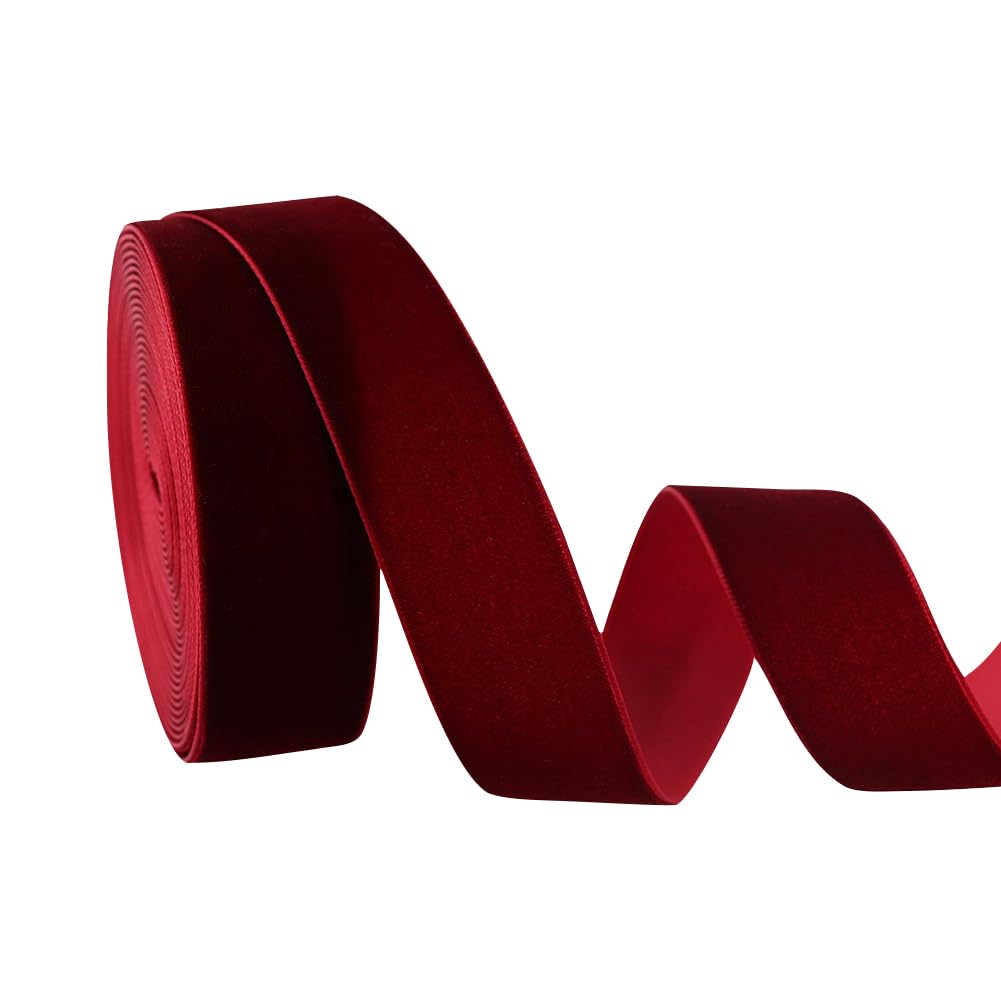 JIHUOO Vintage Velvet Christmas Ribbons - 10 Yards, Dark Red, Gift Wrapping, Bow Making, Fabric Craft, Wreath, Xmas Tree
