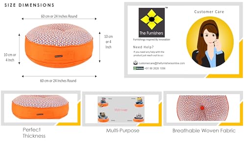 Image of Reversible 60x60x10 cm Woven Quilted Orange Floor Cushion with Cotton Filler for Seating, Patio Seat, Meditation, Yoga, Pooja, Guests, Living Room, Bedroom, Large Size 24x24x4 Inch