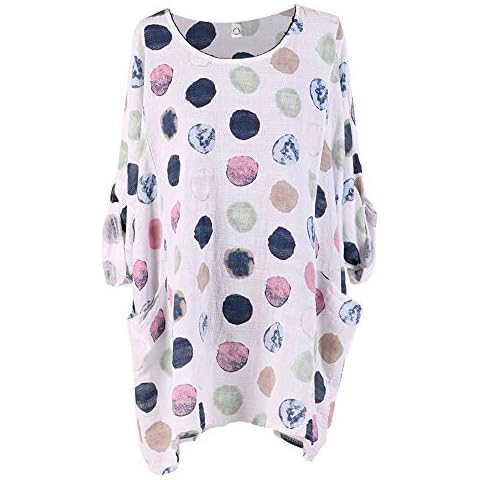 Storm Island Italian Ladies Brick Print Front Pockets Top Womens Lagenlook Cotton Oversized Top (Spotty White, UK Fit 18-24) Cover