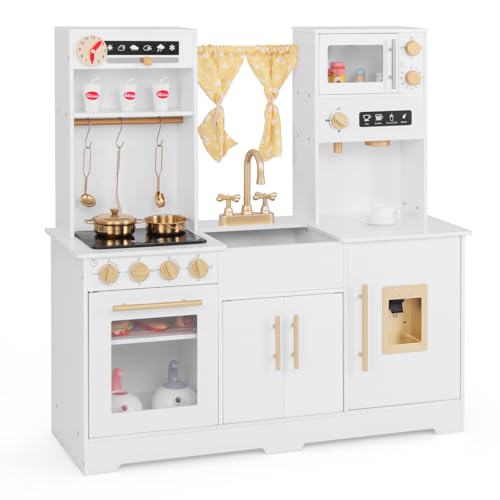 GOPLUS Cuisine Enfant, Kit de Cuisine à Jouer avec Effets Sons et Lumières, Cafetière, Four, Evier, Micro-Ondes, Ustensiles et Accessoires Riches, Cuisine...