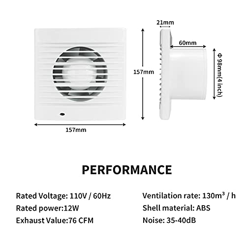 Hugoome Exhaust Fan 76 Cfm, 12W 130M³/H Ventilation Extractor With Anti-Backflow Check Valve Chain Switch, Window And Wall Mount Vent Fan(4 Inch / 110V) #TOP4