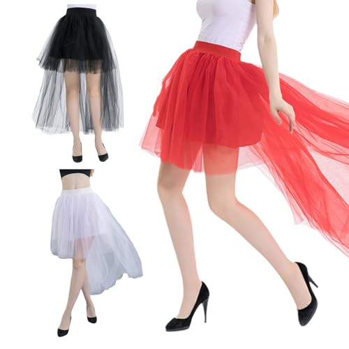 Womens Elastic Waist High and Low Tulle Long Skirt Multilayered Mesh Overskirt Tutus Skirts for Wedding Evening Party White4
