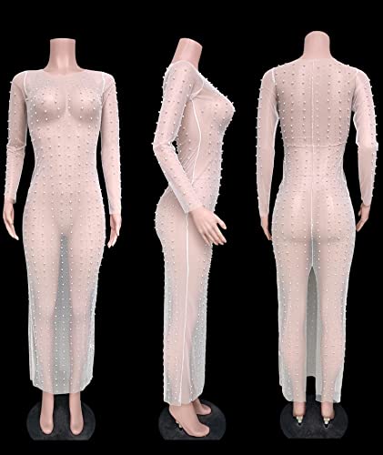 xxxiticat Women's Rhinestone Mesh Cover Ups Long Sleeve Fake Pearl Bubble Bead Crystral See Through Beach Party Maxi Dress2