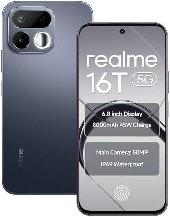 realme 16T 5G Smartphone 8000mAh Batterya 45W Fast Charge, 6.8 inch 144Hz Display, 6GB RAM 128GB ROM, 50mp AI Rear Camera, Me
