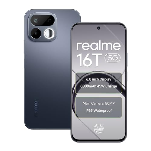 Image of realme 16T 5G Smartphone 8000mAh Batterya 45W Fast Charge, 6.8 inch 144Hz Display, 6GB RAM 128GB ROM, 50mp AI Rear Camera, MediaTek Dimensity 6300 Chipset, Android 16, IP69 Pro Starlight Black