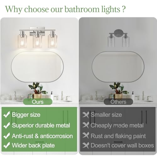 Image of Indoi 3-Light Bathroom Light Fixtures, Brushed Nickel Modern Vanity Lights with Clear Glass Shades, Bathroom Wall Lamp for Mirror Living Room Cabinet Bedroom Porch