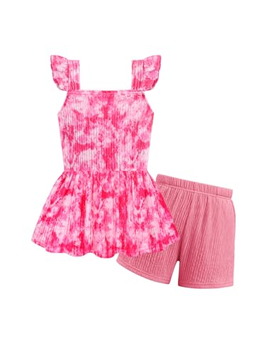 Image of Arshiner Toddler Girl Clothes 2 Piece Summer Outfit Ruffle Sleeveless Top and Shorts Set with Pockets 2-7Y