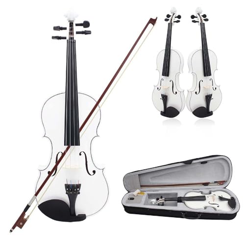 FANGXIN Beginner 4/4 Acoustic Violin (Wooden) – Student Set with Hard Case, Rosin, Bow for Children & Adults (White)