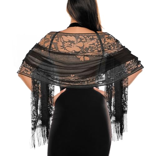 Women's Floral Lace Scarf Shawl with Tassels, Formal Wraps Soft Mesh Fringe Wraps for Wedding Evening Party Dress
