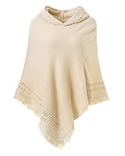 SUNNYME Women Solid Color Poncho Hooded Fringes Crochet Shawl Capes Cover Up Cardigan Off White One Size