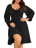 RWJ Curvy Dresses for Women, Plus Size Long Sleeve Tie Front Sweetheart Neck A-Line Casual Mini Wedding Guest Dresses 2025 Black 3X-Large