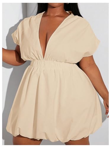 Image of WDIRARA Women's Plus Size Deep V Neck Bubble Dress Short Sleeve A Line Mini Dresses