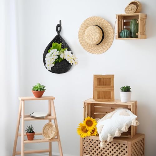 Image of Honeydak 3 Hanging Baskets, Black, Teardrop, Cotton Rope
