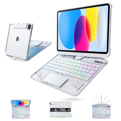 Image of Clear Wireless Keyboard Case for iPad (A16) 11th Generation 11-inch 2025 / iPad 10th Generation 10.9-inch 2022 with Pencil Holder & Multi-Touch Trackpad, 7-Color Backlit, 360 Rotatable,White