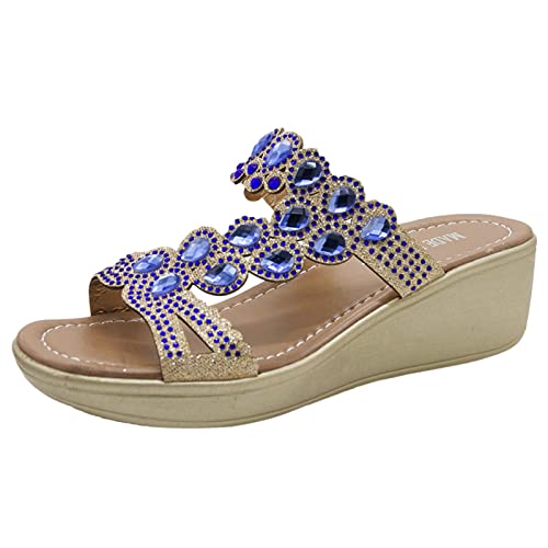 Pantoufles compensées femmes à semelle strass chic bleu 38