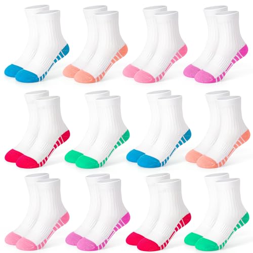 GENTABY 12 Pairs Girls Socks Kids Athletic Socks for Toddler Girls Running Cotton Crew Sock for Kids 5-7 Years