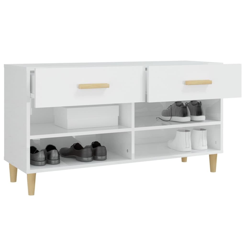 Szafka na buty, wysoki połysk, biały, materiał drewnopochodny, 102 x 35 x 55 cm, z 2 szufladami i 4 przegródkami, zamknięte przechowywanie, wąski organizer na buty do korytarza, przedpokoju
