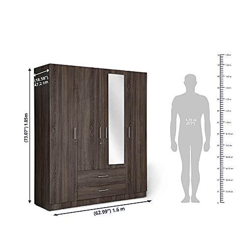 Image of Wakefit Wardrobe | 1 Year Warranty | Engineered Wood Almirah, Cupboard for Clothes Storage | 4 Door, Mirror, 1 Drawer, 1 Hanging Space | Organza Plus - Napa Oak