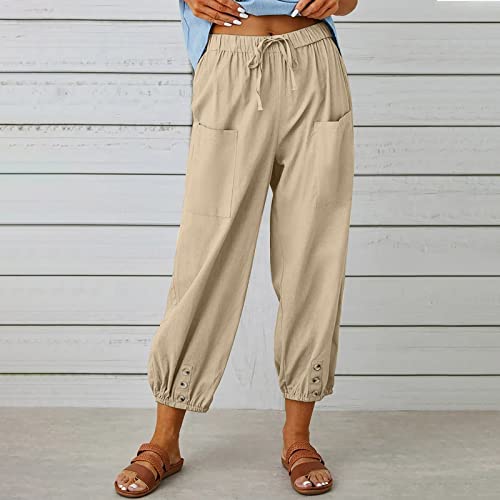 Akivide Cotton Linen Pants for Women High Waisted Drawstring Summer Comfy Flowy Casual Loose Beach Pants with Pockets2