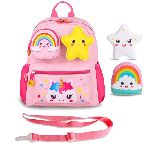 Livzen Pink Unicorn Rainbow Toddler Backpack, 12-inch, for girls aged 2-4. Features detachable 3D pouch, toys and safety leash,kindergarten and preschool, Perfect Christmas or birthday gifts
