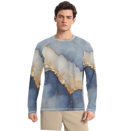 Marble Navy Blue Beige Sun Protection SPF Rash Guard Shirt Comfortable Round Neck Men's Sun Protection Long Sleeve Summer